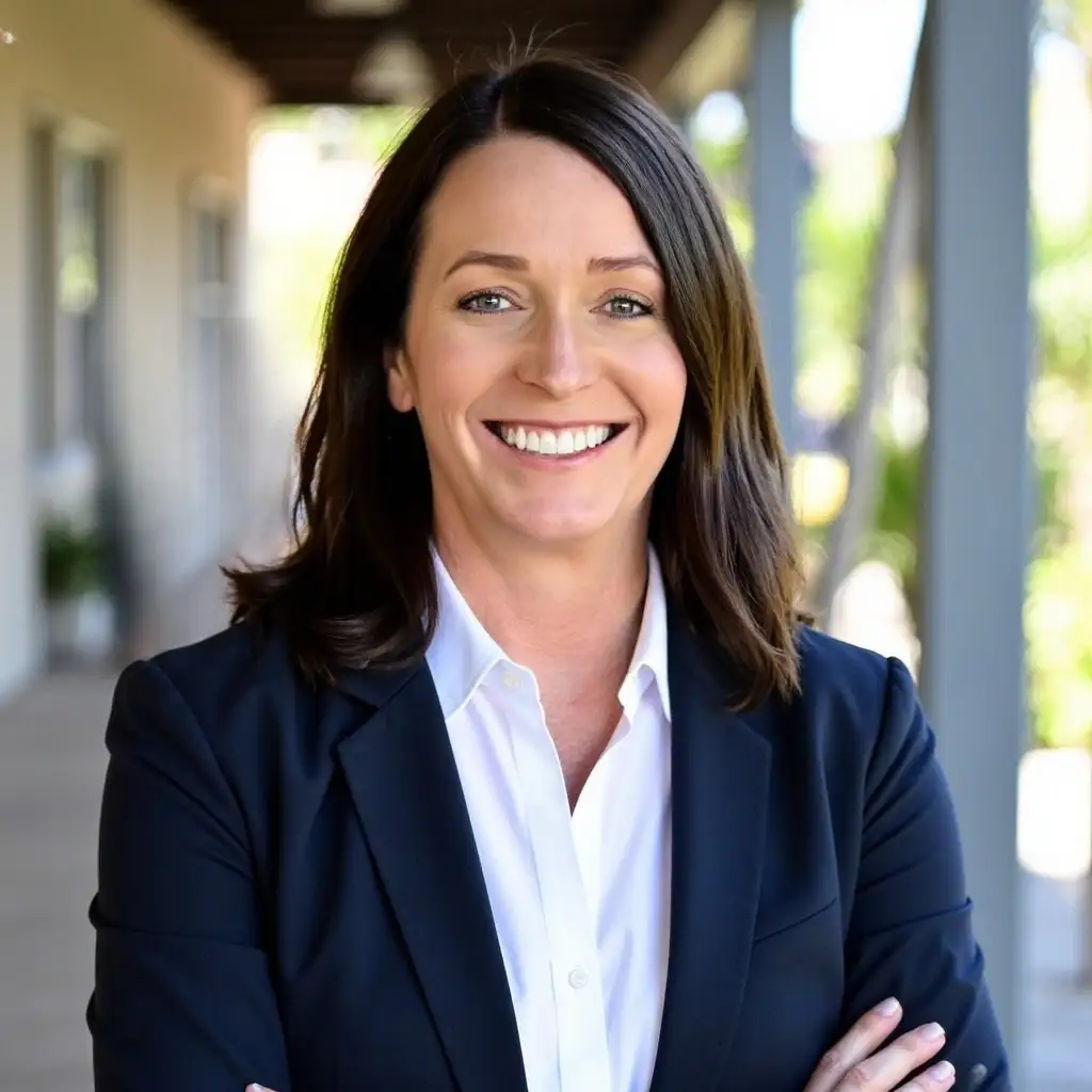 Professional woman smiling confidently, wearing a blazer, representing financial services and leadership at Legacy Financial Group.